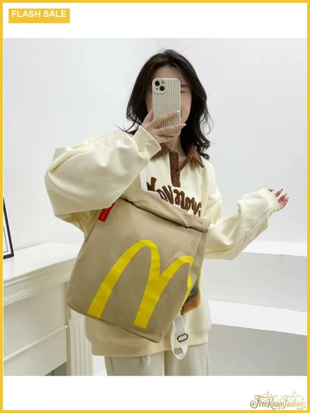 Vintage Fast Food Canvas Roll Top Backpack Tote Adjustable Straps